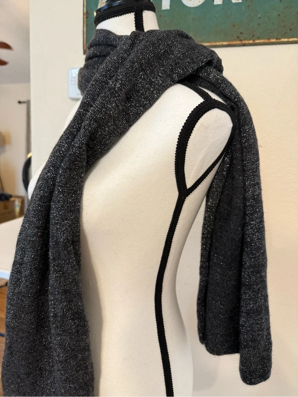 Ann Taylor Long Scarf Dark Grey Silver Woven Sparkle Stylish Cashmere Silk Wool